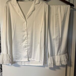 Elegant White Women's Top with Ruffle Sleeves and Pants